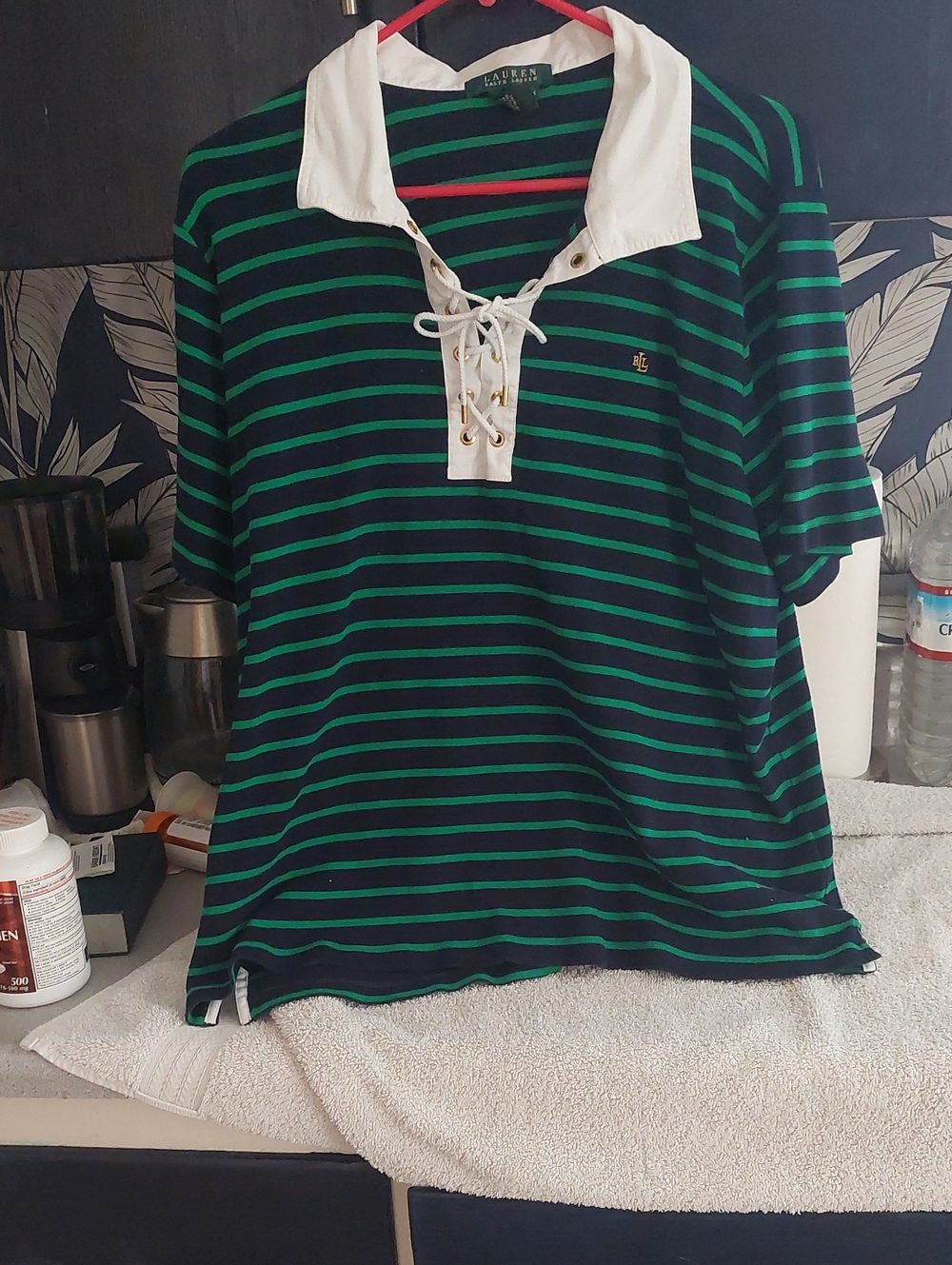Ralph Lauren Navy and Green Lace-Up Rugby Polo